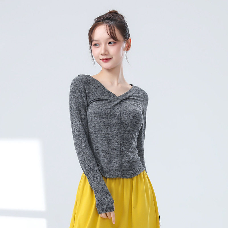 现代舞练功服女秋冬季新款长袖v领扭结修身设计感成人舞蹈服上衣