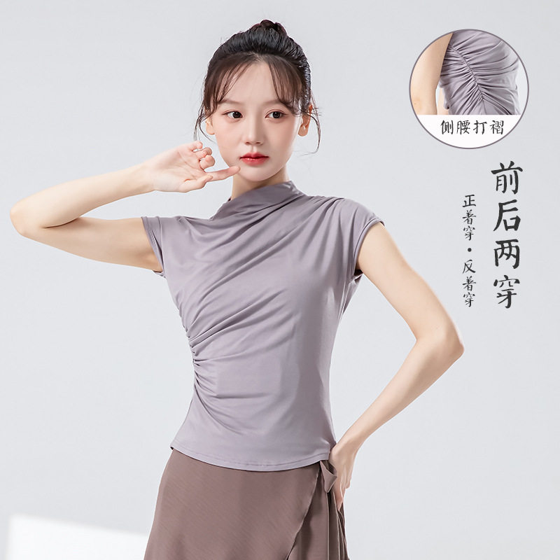 现代舞练功服女夏季新款半高领短袖打底上衣设计感修身显瘦形体服