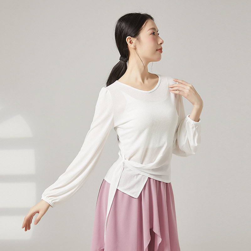 V领灯笼袖现代舞蹈练功服女新款长袖上衣下摆绑带跳舞服