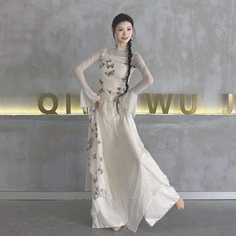 古典舞蹈服女秋季新款修身网纱印花练功服现代舞日常训练演出上衣