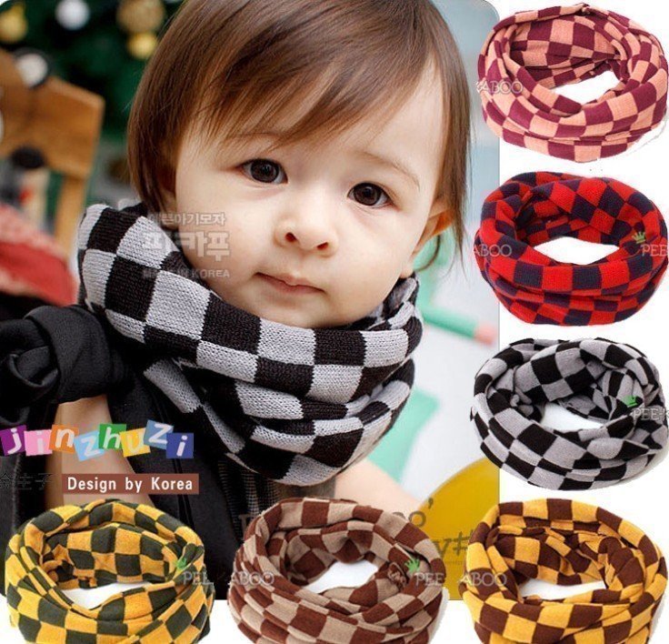秋冬款男女童儿童装宝宝时尚围巾格子拼色双层棉毛线儿童保暖围脖