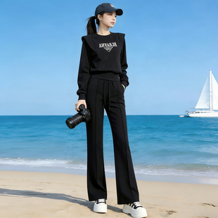 气质休闲运动阔腿裤 女春季 洋气圆领印花卫衣宽松阔腿裤 两件套 套装