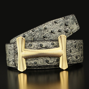 纯铜字母皮带男士真皮高档轻奢平滑扣腰带韩版潮流百搭鸵鸟纹裤带