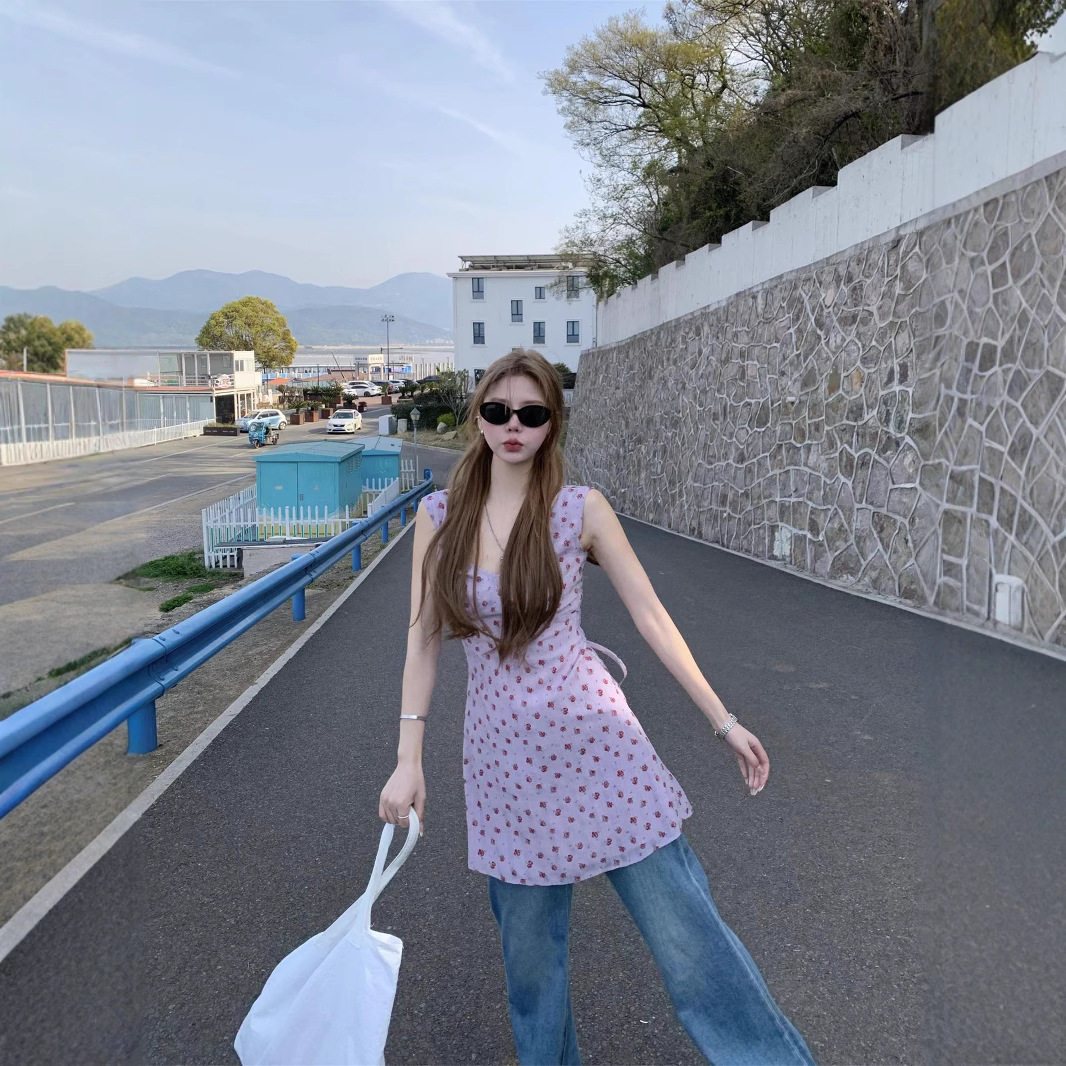 实拍~2026夏季新款甜美无袖系带印花短款包臀背心裙女A字连衣裙女