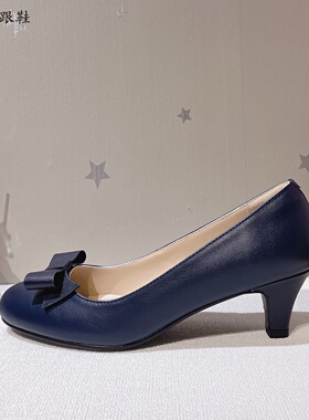 高品质藏蓝色5.5CM锥形跟头层牛皮圆头高跟鞋OL职业女鞋33-41码鞋
