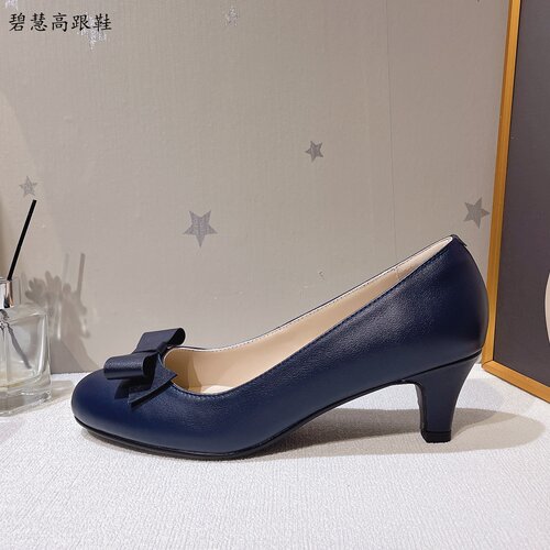 5.5CM锥形跟藏蓝色真皮职业女鞋