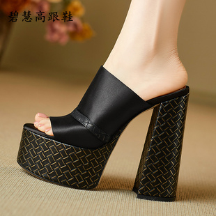 模特走秀鞋 外穿拖鞋 14.5CM粗跟防水台鱼嘴露趾高跟凉鞋 欧美风格