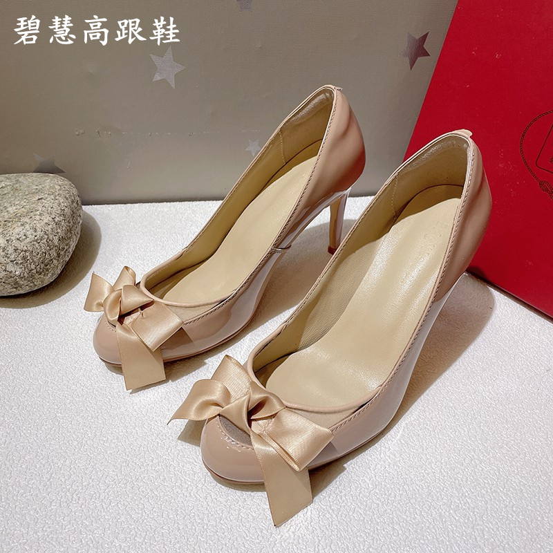 网纱拼接蝴蝶结圆头细跟高跟单鞋