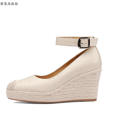 8.5CM麻绳编织跟圆头坡跟高跟女鞋小个子不累脚不掉跟一字带单鞋