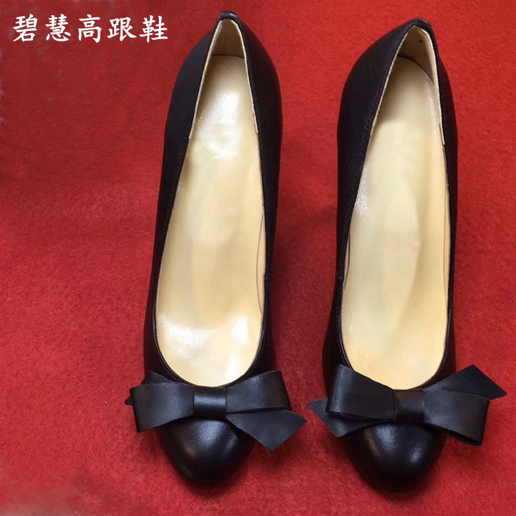 欧美风格2025春款新品蝴蝶结圆头细跟浅口高跟鞋淑女时尚单鞋真皮