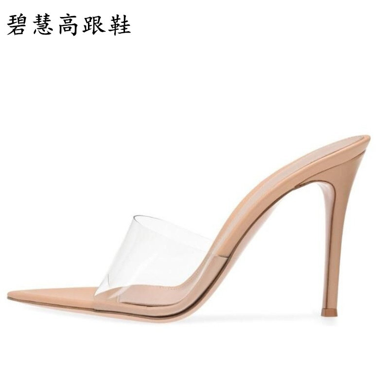 26夏季新品欧美风格PVC尖头透明细跟高跟鞋凉鞋拖鞋时装百搭女鞋