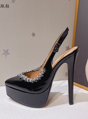 辣妹风格14CM水钻尖头防水台后空一字带细跟高跟鞋模特走秀鞋女鞋