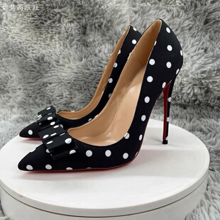 欧美红色黑色圆点绸缎面12CM超高跟尖头蝴蝶结细跟高跟鞋红底鞋