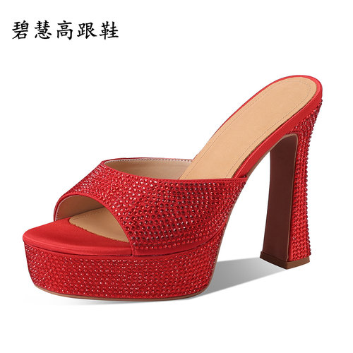 12CM粗跟防水台水钻鱼嘴高跟拖鞋