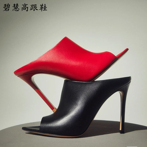 尖头鱼嘴露趾牛皮高跟凉鞋拖鞋