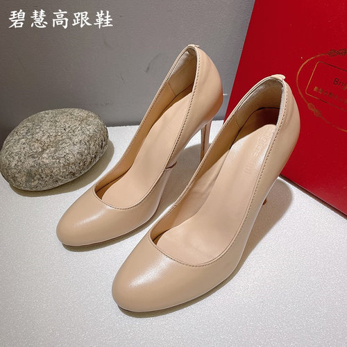 裸色圆头细跟高跟鞋真皮女鞋单鞋