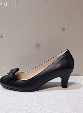 法式复古黑色牛皮5.5CM蝴蝶结圆头浅口女鞋通勤单鞋33-41码女单鞋