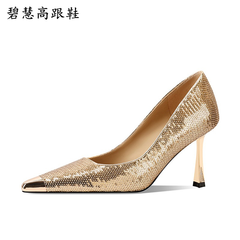 【碧慧】金色珠片尖头金属头细跟高跟鞋婚宴鞋晚会鞋轻奢女鞋单鞋
