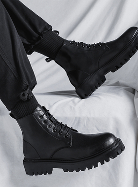 马丁靴男英伦风高帮靴子冬季新款黑色中帮皮鞋百搭高级感增高男靴