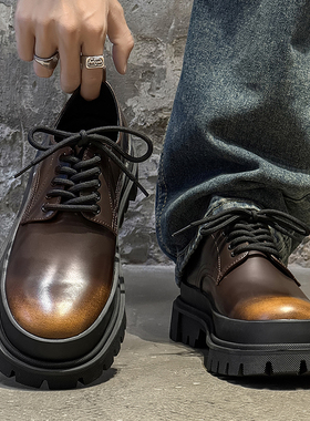 2025新款真皮休闲皮鞋男厚底牛皮德比鞋男款圆头大头鞋黑色工装鞋