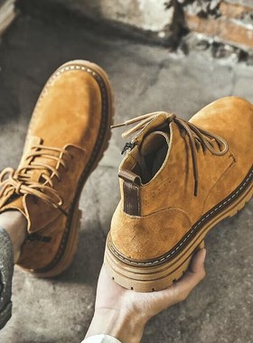 马丁靴男真皮高帮侧拉链内增高黄色工装鞋复古英伦冬季厚底大黄靴