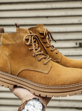 真皮高帮马丁靴男侧拉链内增高黄色工装鞋潮流英伦冬季厚底大黄靴