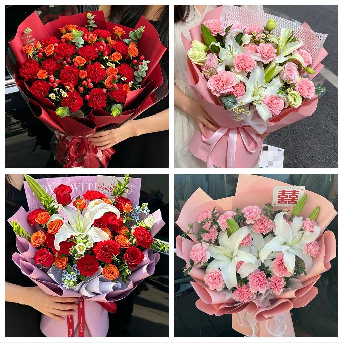 送内江市市中区东兴区威远县同城鲜花店送长辈康乃馨百合生日花束