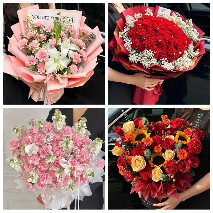 包头白云鄂博矿九原区固阳县同城鲜花店送长辈康乃馨百合生日花束