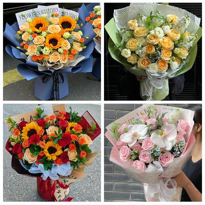送长春市绿园区双阳区农安县同城鲜花店订玫瑰向日葵混搭生日花束