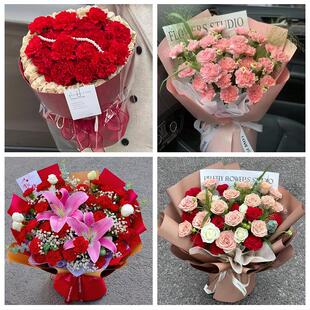 成都市新津县简阳市都江堰市同城鲜花店订38妇女节康乃馨百合花束