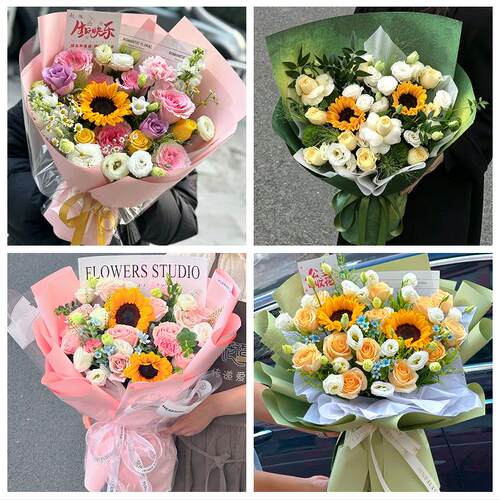 送曲靖市麒麟区沾益区马龙县同城鲜花店成人礼高考向日葵玫瑰花束