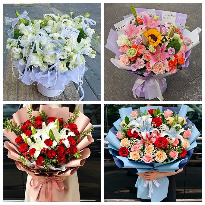 包头白云鄂博矿九原区固阳县鲜花店同城配送朋友生日玫瑰百合花束