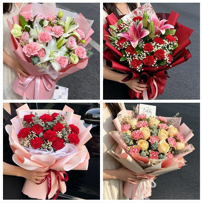 郑州上街惠济区中牟县巩义市同城鲜花店送长辈康乃馨百合生日花束