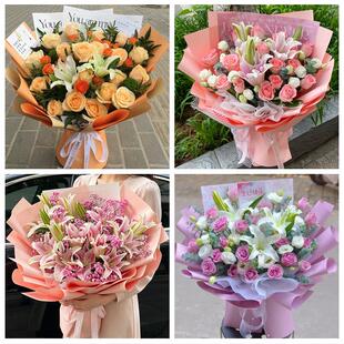 青岛市市南市北区黄岛崂山区鲜花店同城配送朋友生日玫瑰百合花束