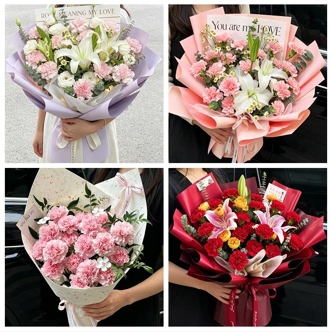 送昆明市宜良县石林县嵩明县同城鲜花店送长辈康乃馨百合生日花束