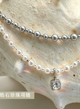 法式轻奢镀金锆石珍珠锁骨链