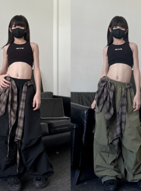 2025春秋新款童装潮酷男女儿童宽松休闲裤格子腰封爵士舞伞兵裤