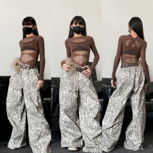 儿童女童爵士舞服少儿舞蹈服网纱满钻连体衣豹纹长裤演出服套装