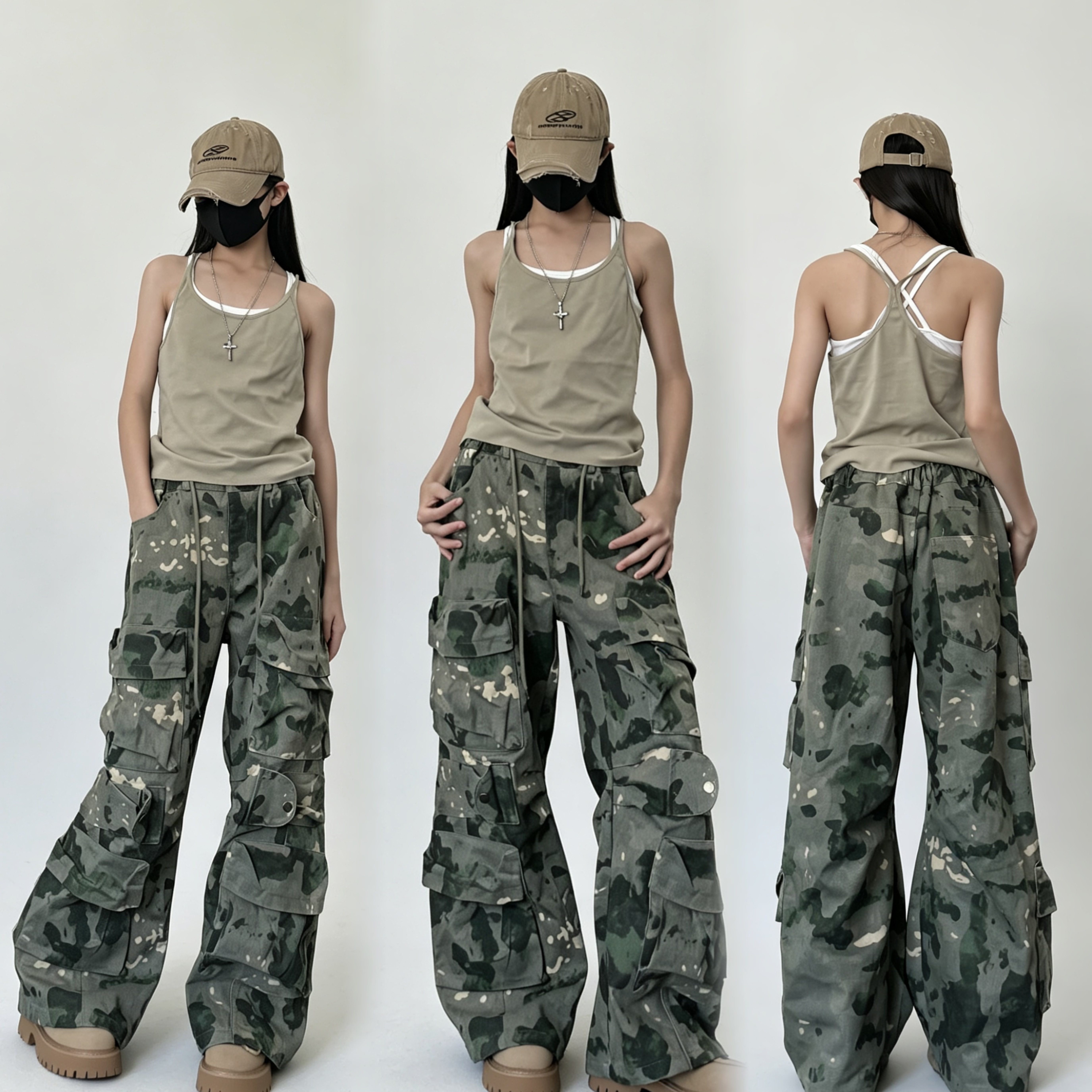 夏季新款童装潮酷女童工字美背背心工装迷彩裤废土风帅气街舞套装