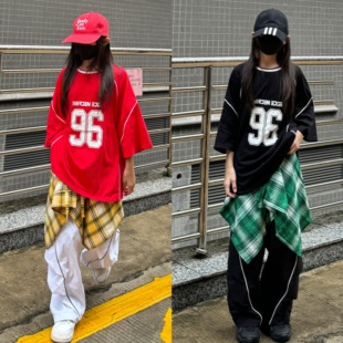 2025夏季新款童装男女童宽松T恤格子腰封运动裤潮酷儿童街舞套装