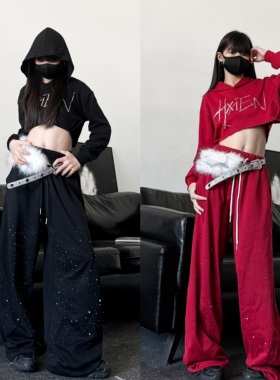 儿童女童爵士舞服少儿街舞服连帽闪钻短卫衣满钻卫裤演出服套装