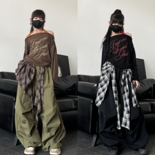 秋季新款童装女童挂脖宽松长袖T恤格子腰封裤长潮酷儿童街舞套装