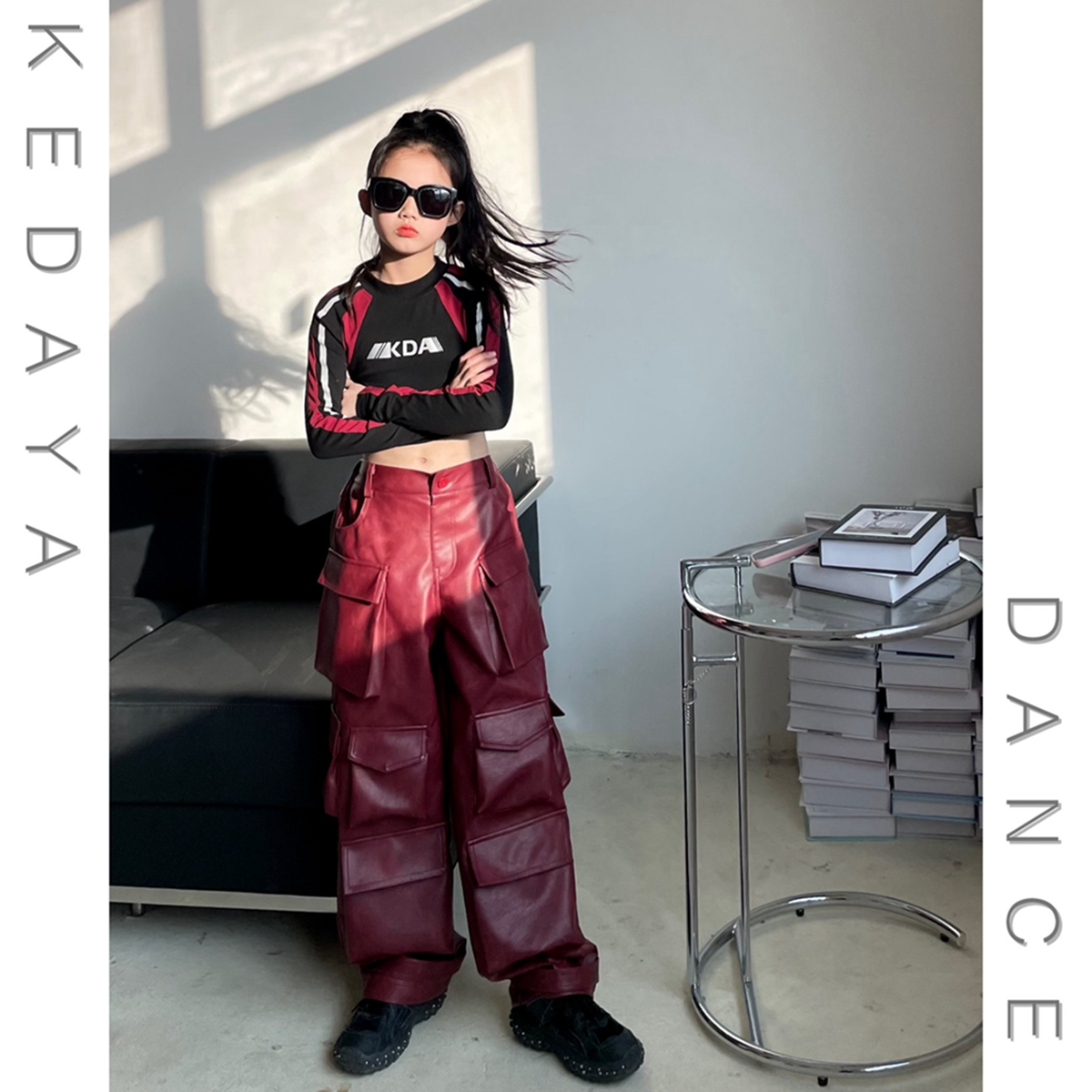 2024春季新款童装甜酷女童修身T恤帅气工装皮裤套装爵士舞演出服,童装/婴儿装/亲子装,套装,淘宝优惠券,粉丝福利购,淘宝优惠卷