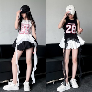 甜酷女童美式 木耳邊不規則背心半身裙少兒女團爵士舞演出服套裝