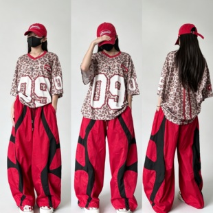 潮酷男女儿童豹纹嘻哈宽松T恤速干弯刀长裤子帅气街舞演出服套装