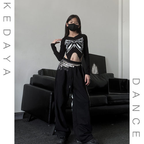 女童爵士舞长袖T恤辣妹露脐上衣宽松束脚卫裤少儿街舞演出服套装