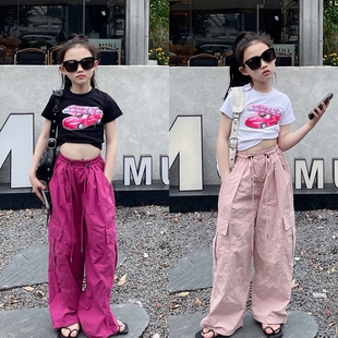 可达鸭家童装夏季甜酷女童短袖T恤薄款工装裤女团爵士舞演出服潮