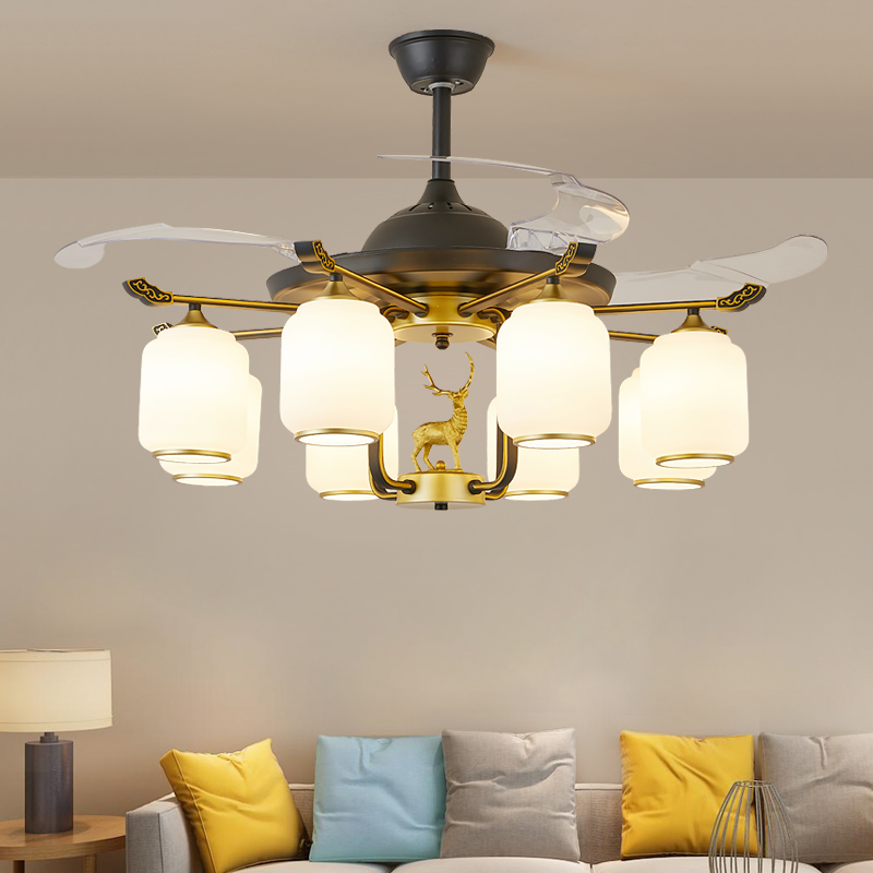 新中式风扇灯隐形客厅餐厅吊扇灯大气古典中国风电风扇吊灯变频