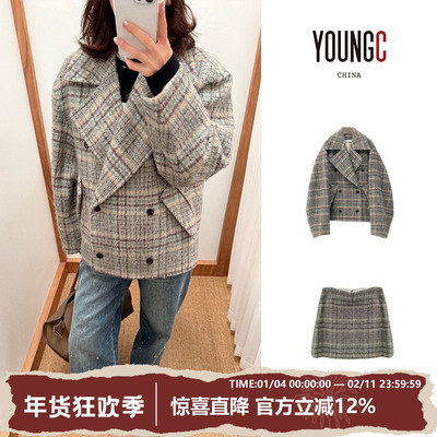 EENK【翻领双排扣格纹大衣 羊毛格纹短半裙】设计师品牌 no换可退