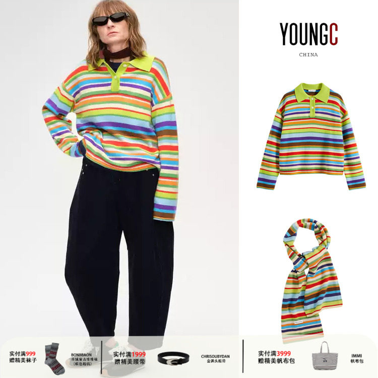 SHORT SENTENCE【彩虹条纹长袖针织POLO 围巾】YOUNGC买手店